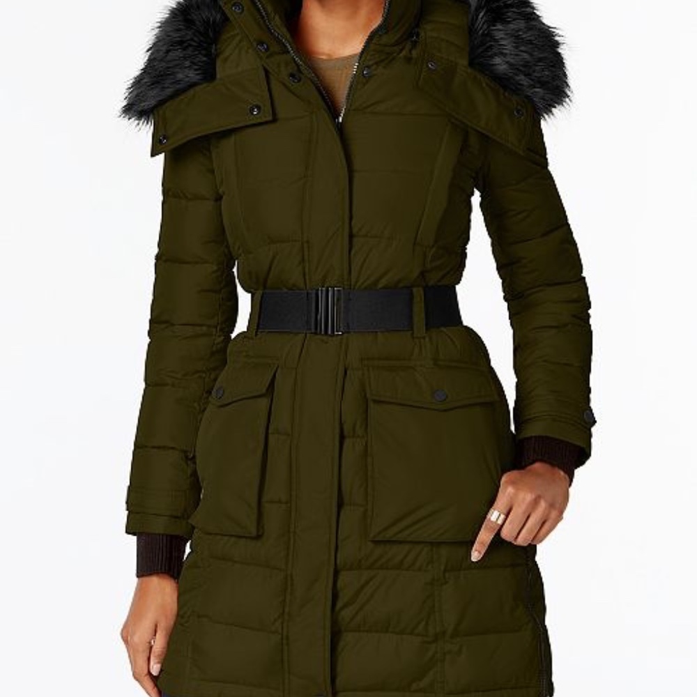 French Connection Faux Fur Trim Hooded Puffer